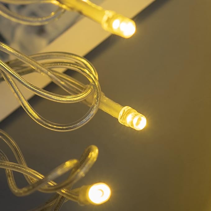 YULETIME 300 Warm White String Lights, 100 ft Clear Wire 8 Models 5mm LED | Wide Angle Bulbs, Safe 29V Adapter, Multimode Lighting, Connectable, 100' Total Length, 1-Strand 300 Lights, 4" Spacing