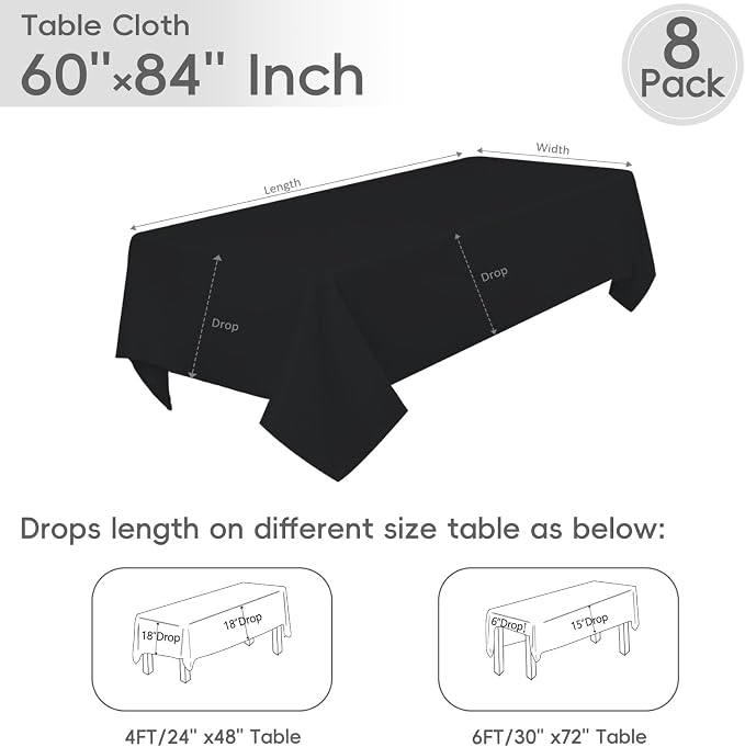 8 Pack Black Tablecloths 60 x 84 Inch Rectangular Table Cloth for 4 Foot Rectangle Tables, Wrinkle Resistant Washable Rectangle Fabric Table Covers for Wedding Party Banquet Buffet and Camping