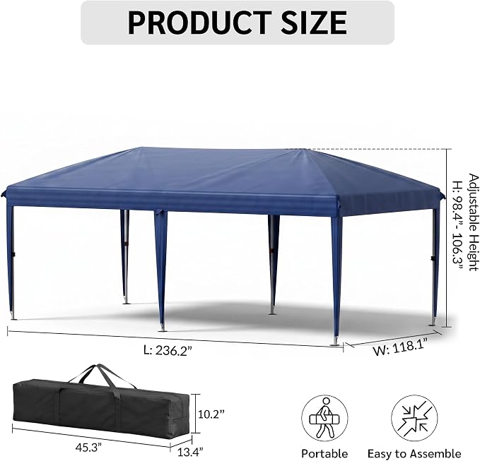 10x20 FT Portable Pop Up Canopy Tent with Sandbags, Adjustable Height Instant Gazebo Without Sidewalls,Waterproof Outdoor Canopy for Camping, Parties, Vendor Events (Blue, 3m × 6m Without sidewalls)