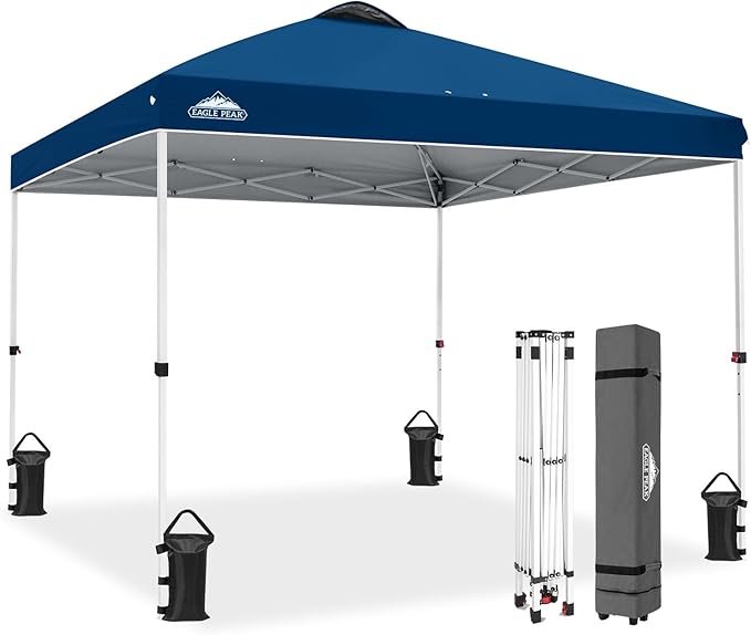 EAGLE PEAK Pop Up Canopy Tent with Wheeled Carry Bag, 8 Stakes, 4 Ropes, 4 Weight Bags, Easy Set Up Tent Canopy, 10x10 ft, 100sqft of Shade, Dark Blue