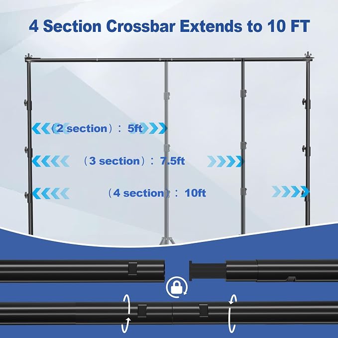 Photo Video Studio 10 x 10ft Heavy Duty Backdrop Stand, Adjustable Photography Background Support System Kit with Shock-Proof Spring, Carrying Bag, 6 Clamps