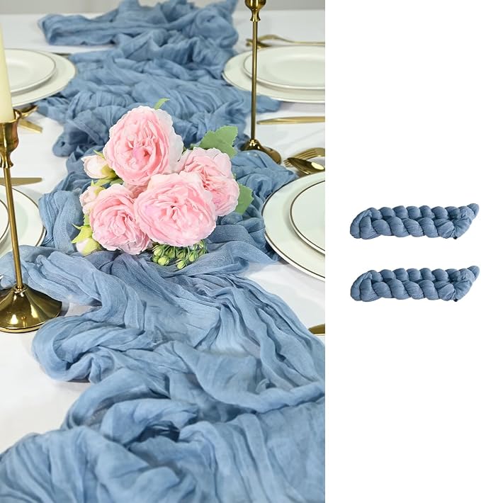 2 Pack Dusty Blue Cheesecloth Table Runners 35x120 Inch, Wide Pleated Boho Gauze Runner for Wedding Baby Shower Birthday Party, Semi-Sheer Rustic Table Decor