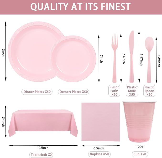 Tinybee 352 Pcs Pink Plastic Plates Party Set, 50 Guests Disposable Dinnerware Set with tablecloths Pink Disposable Plates Set for Wedding/Mother's Day/Birthday/Baby Shower