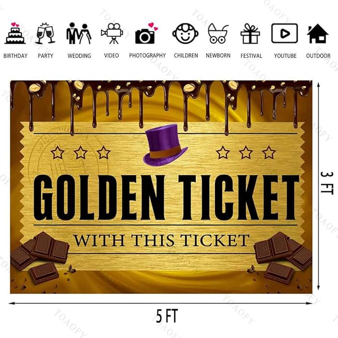 5x3FT Candy Photo Backdrops Golden Ticket Backdrop Chocolate Factory Background Children's Birthday Photography Background Baby Shower Decoration Banner TAYBDJ805