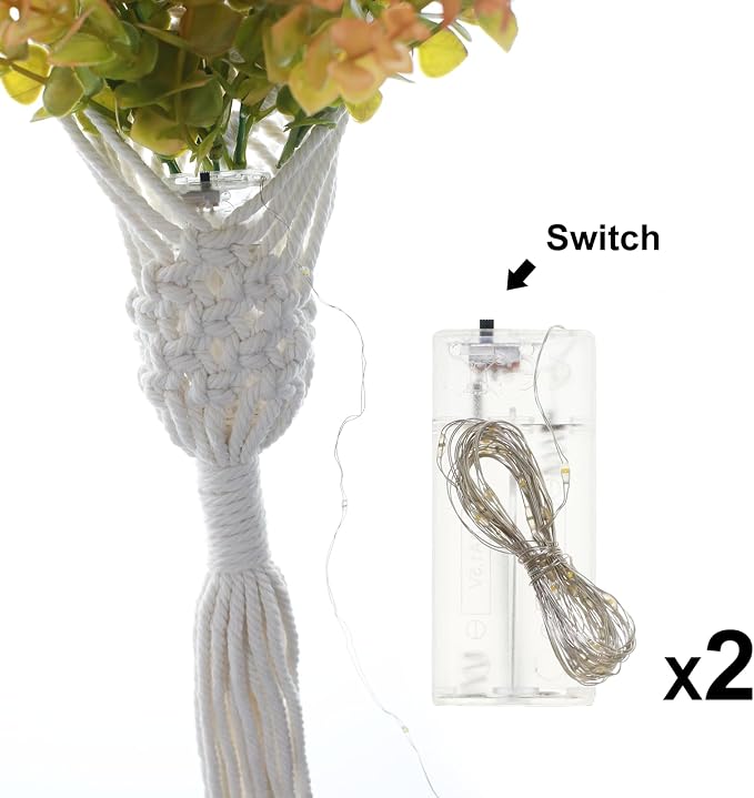 Macrame Wall Hanging Plants with LED Lights, White Cotton Rope, Wooden Dowel, Boho Woven Plant Holders with Artificial Eucalyptus Leaves, Wall Decor, Set of 2 (Orange)