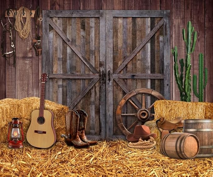 Western Backdrop 12x10ft for Western Party Decor&Photography | Thicker Vinyk Clear Image Vintage Farm Wooden Door Barn Wild West Rodeo Banner for Large Western Theme Birthday Party Decor