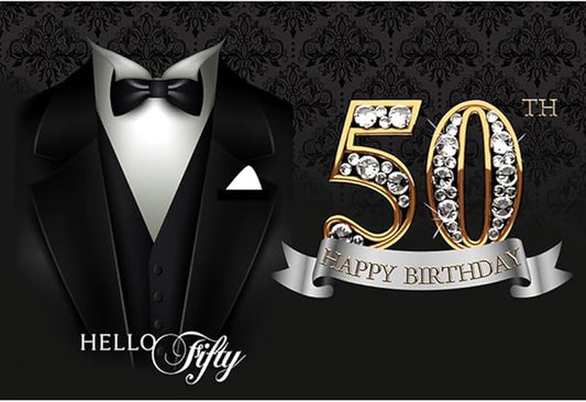 10x6.5ft Photography Backdrop for Man 50th Birthday Party Decor Gentleman Necktie Suit Tuxedo Clothes Hello Fifty Background Father Man Black Gold Birthday Party Banner Photo Studio Props