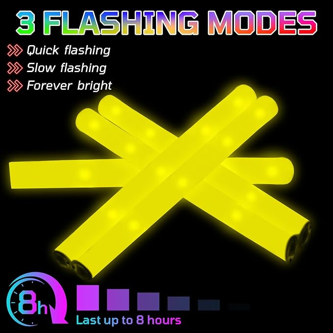 Foam Glow Sticks Bulk, 40 Pack Yellow Light Up Foam Sticks 3 Modes, Glow Party Supplies for Easter,Raves, Carnival, Concert, 4th of July, Halloween, Christmas, New Year