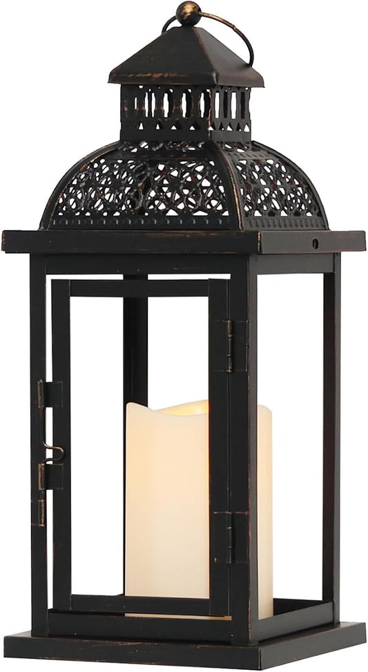 No Glass Lanterns Decorative Indoor & Outdoor, 15'' Candle Lantern Decorative Christmas Indoor Outdoor Decor, Vintage Metal Hanging Lanterns with LED Candle for Patio, Front Porch,Yard, Table