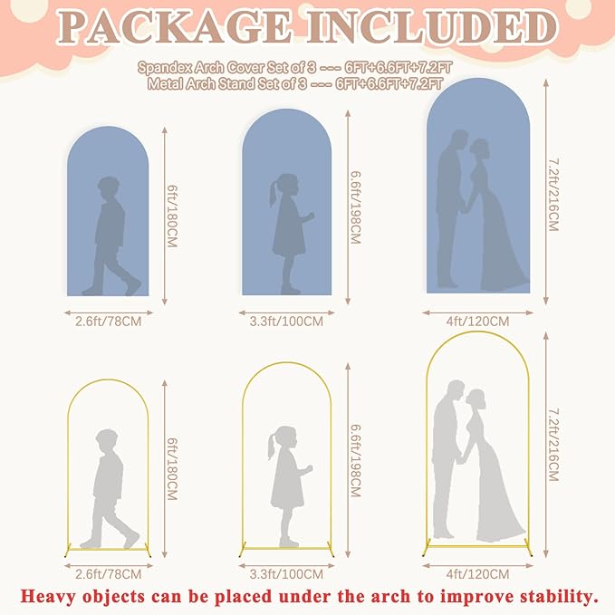 Metal Arch Stand and Cover Set 7.2FT, 6.6FT, 6FT Dusty Blue Arch Cover Set of 3 Gold Arched Frame Balloon Background Arches Stand with Cover for Wedding Ceremony Birthday Party Baby Shower Decor