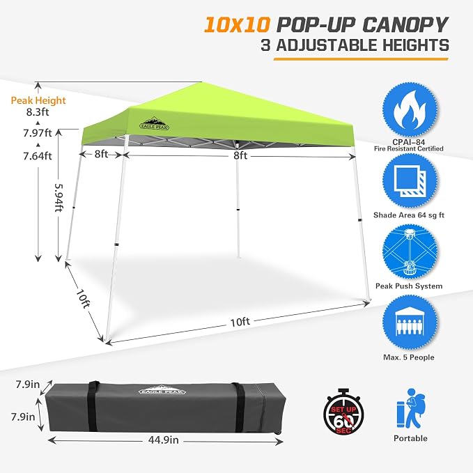 EAGLE PEAK 10x10 Slant Leg Pop-up Canopy Tent Easy One Person Setup Instant Outdoor Beach Canopy Folding Portable Sports Shelter 10x10 Base 8x8 Top (Neon Green)
