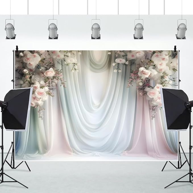 Leowefowa Floral Backdrop for Wedding Decor Pink Rose Flower White Curtain Wall Photography Background for Baby Shower Wedding Anniversary Ceremony Party Decorations Banner Studio Props 15x8ft Vinyl