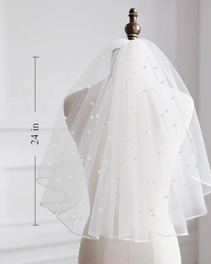 LADY&HOME White Bridal Veil Pearl Wedding Veil With Comb Bachelorette Party Veil for Brides,Bridal Shower Accessory,Bridesmaid Favor,Bride To Be Gift