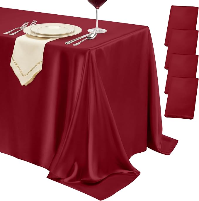 4 Pack Burgundy Satin Tablecloth 58 x 102 Inches, Rectangular Satin Table Cloths for Wedding Reception, Birthday Party, Graduation & Holiday Banquet Tables