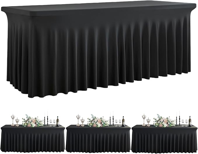 Outpain Black Spandex Tablecloth for 8 Foot Rectangle Tables, 3 Pack Black Fitted Table Cloths 8ft Stretchy Banquet Table Clothes Cover Desk Skirt for Birthday Wedding Parties Baby Shower