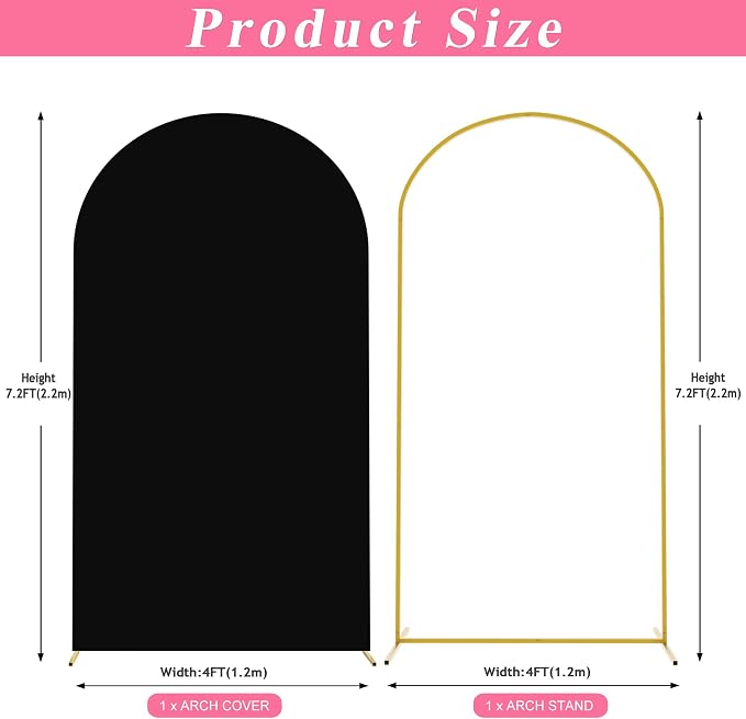 Putros Arch Backdrop Stand and Cover Set, 7.2ft, Gold Arch Stand with Black Cover, Metal Arched Background Frame for Wedding, Birthday Party, Baby Shower, Photography Decoration
