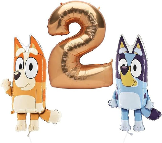 Toyland® Bluey & Bingo Balloon Birthday Pack - 2 x 32" Character Balloons & 1 x 40" Number Balloon - Kids Party Decorations