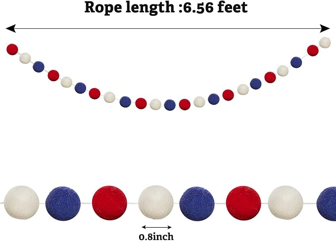 WILLBOND 2 Pieces Wool Felt Rainbow Ball Garland Colorful Pom Pom 6.5 ft Long 24 Ball Garland for Easter Mardi Gras Classroom Halloween Thanksgiving Xmas (Red,White,Blue)