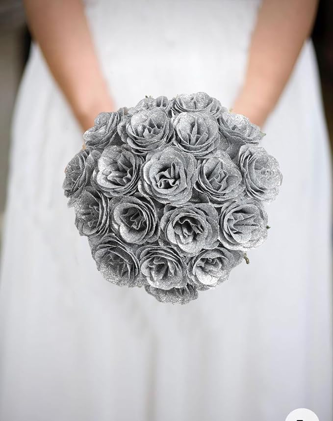 Glitter Roses Bouquet,30PCS Silver Roses Fake Roses Artificial Flowers for Wedding Bouquet Party Christmas Home Decor(Silver)