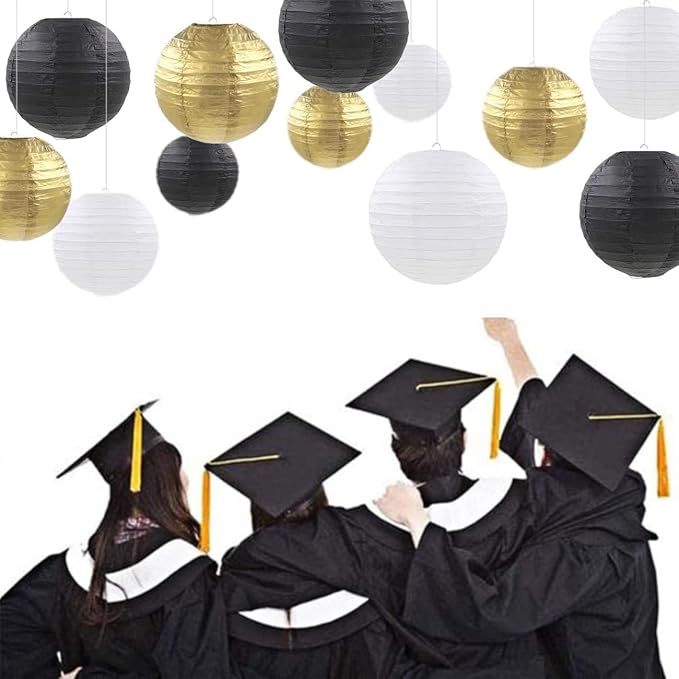Paper Lanterns Party Decorations,12pcs Gold Black White Hanging Paper Lantern for for Wedding Graduation Anniversary Birthday Party Decorations