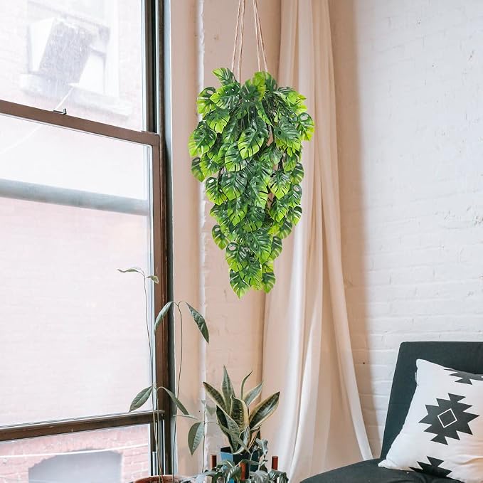 RECUTMS Artificial Hanging Plants 2 Pack, Fake Monstera Leaves Ivy Vine Faux Greenery UV Resistant Outdoor Tropical Palm Leaf Plant for Garden Home Jungle Hawaiian Luau Party Spring Summer Décor