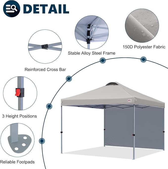 MASTERCANOPY 10x10 Pop Up Canopy Tent with 1 Sidewall, 1 Person Setup Instant Shelter, Outdoor Portable Beach Canopy, 1 Roller Bag, 4 Sandbags, 4 Ropes, 8 Stakes (10x10, Gray)