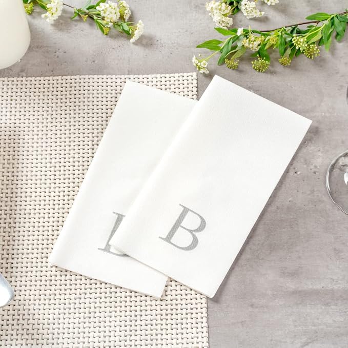 Luxenap 15.8 X 7.9 Inch Linen-Feel Guest Towels, 50 Lettered Hand Towels - Silver Letter 'B', Sans Serif Font, White Paper Dinner Napkins, airlaid, For Restrooms And Tables - Restaurantware