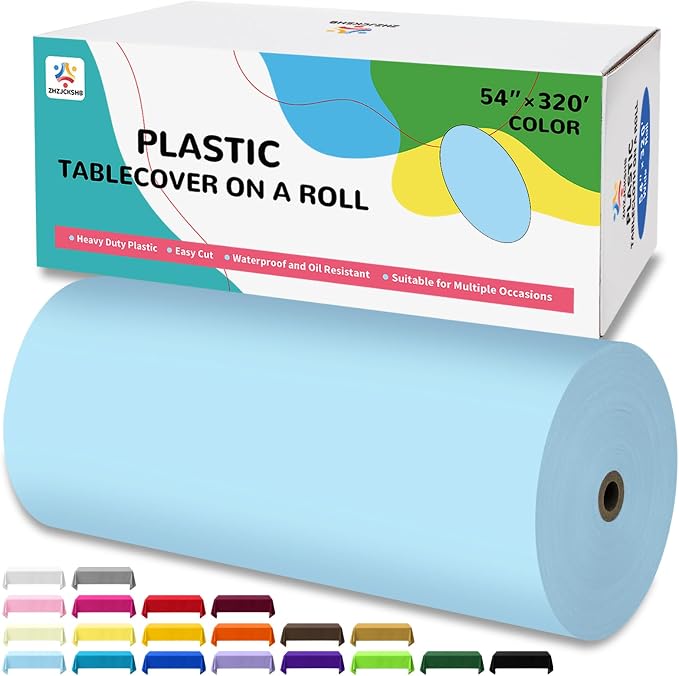 54IN X 320FT Plastic Table Cover Roll with Cutter Box, Cut to Size Plastic Table Cloths for Parties, Birthday, Disposable Tablecloth Roll for All Shape Tables (Light Blue, 54 Inch X 320 Feet)