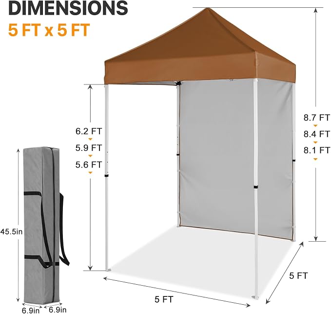 COOS BAY 5x5 Pop Up Canopy Tent with Side Wall, Easy Setup Portable Sun Shelter with Carry Bag, Outdoor Shade for Beach, Camping, Sports & Backyard, Khaki