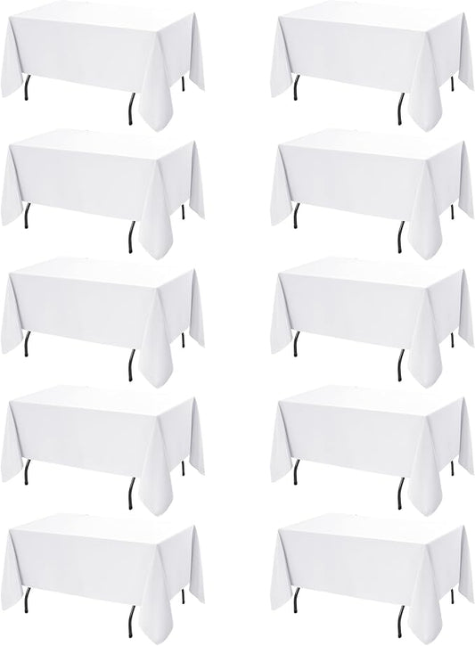 10-Pack White Tablecloths for Rectangle Tables, 70 x 108 Inches, Stain-Resistant Polyester Fabric for 6 Foot Tables - Washable Table Covers for Weddings, Banquets, Birthday Parties, Events
