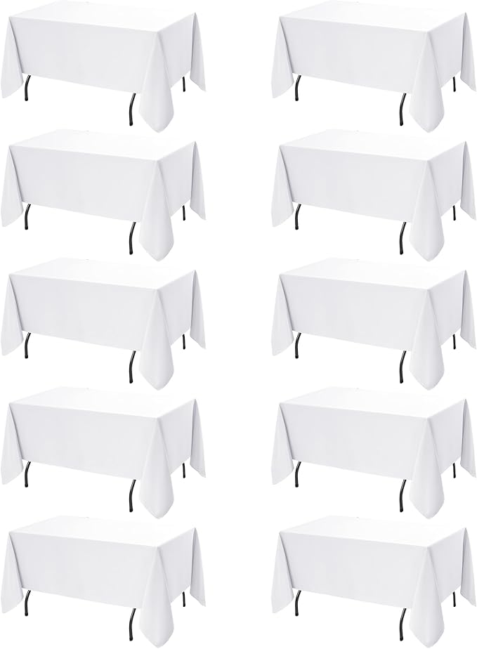10-Pack White Tablecloths for Rectangle Tables, 70 x 120 Inches, Stain-Resistant Polyester Fabric for 6 Foot Tables - Washable Table Covers for Weddings, Banquets, Birthday Parties, Events