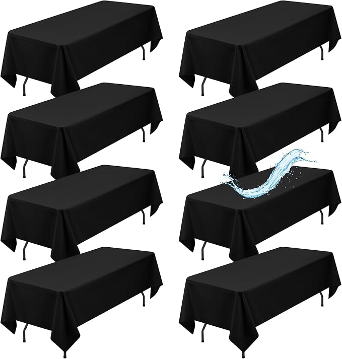 8 Pack Black Rectangle Tablecloth 60 x 102 Inch, Waterproof Polyester Table Cloth for 6 Foot Tables, Black Tablecloths Stain and Wrinkle Resistant Washable Fabric Table Cover for Party Dining Wedding