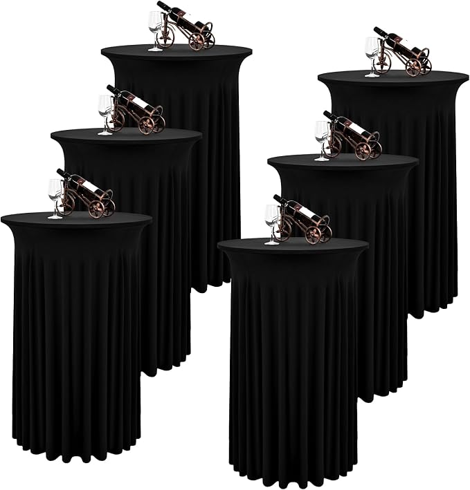 6 Packs Round Cocktail Table Skirt 24"x 43" Spandex Stretch Cocktail Tablecloth with Wavy Drapes, Black Spandex Fitted High Top Covers for Wedding Bar Party Birthday Banquet Table