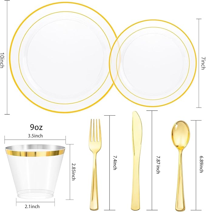 bUCLA 600PCS Clear Plates with Gold Trim - Clear Gold Dinnerware Set Disposable Include 100 Dinner/100 Dessert Plates, 100 Knives, 100 Forks, 100 Spoons, 100 Cups for Wedding, Party