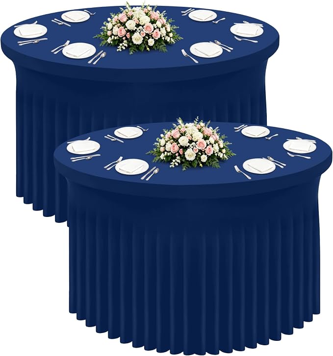 Smiry Round Spandex Tablecloth 2 Pack, Elastic Fitted Washable Tablecloths for 48 Round Tables, Waterpoof Stretch Table Cover Skirt for Outdoor, Wedding, Banquet & Parties, Navy