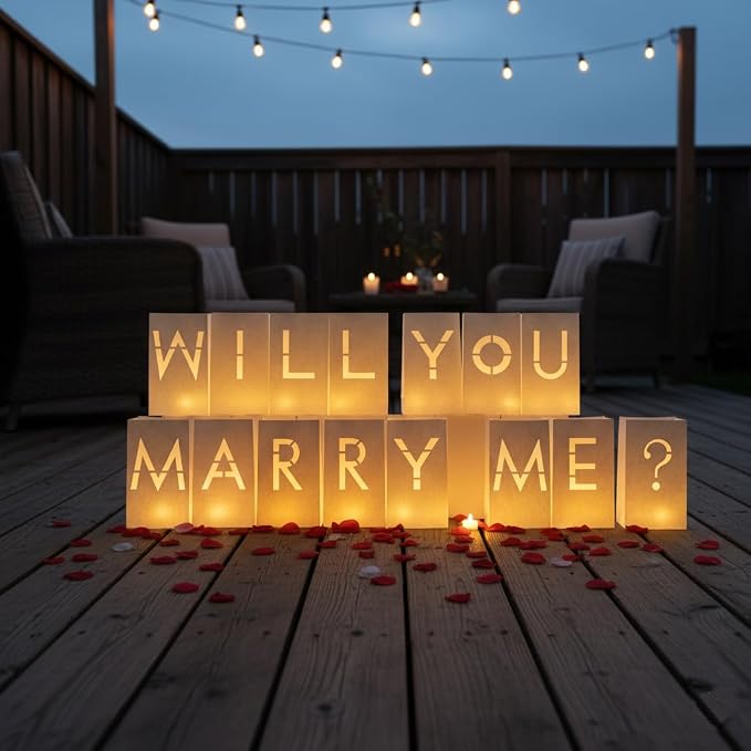 Will You Marry Me Sign - Marry Me Light Up Letters Set with Luminary Paper Bags, LED Tea Light Candles, Red Heart Balloons, Artificial Rose Petals - Proposal and Valentines' Day Decorations