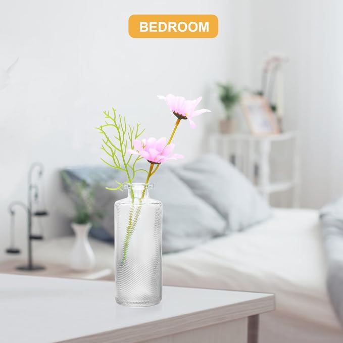 Glass Bud Vase Set in Bulk, 9pcs Mini Vintage Flower Vases for Wedding, Clear Relief Vase for Centerpieces,Home Table Flower Decor, Party Decorations