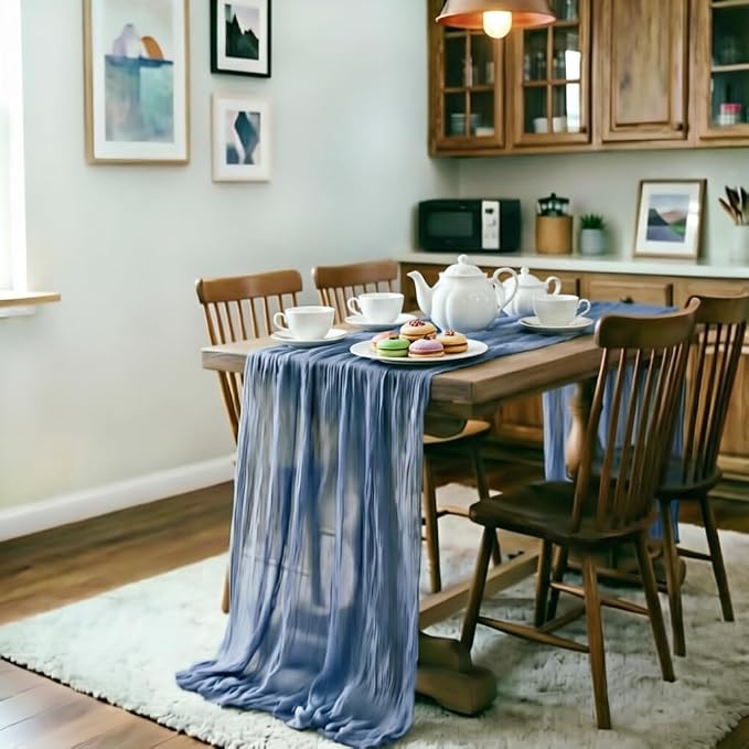 LINXTAR Dusty Blue Cheesecloth Table Runner 4 Pack 160 Inches 14Ft Gauze Summer Boho Table Runner for Wedding Tea Party Baby Shower Bridal Birthday Home Decoration