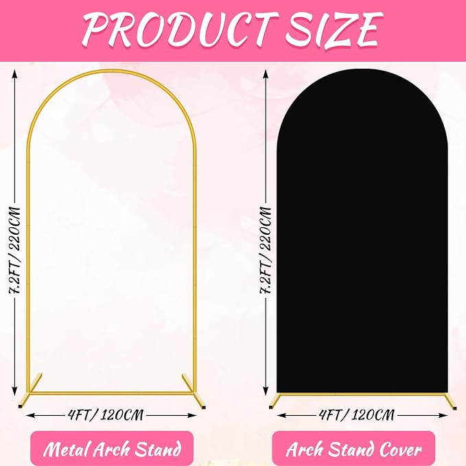 PLULON 7.2FT Metal Arch Backdrop Stand and Wedding Arch Cover Set Wedding Arched Frame Balloon Arch Backdrop Stand for Party Birthday Baby Shower Bridal Banquet Ceremony Decoration (Black Cover 7.2FT)