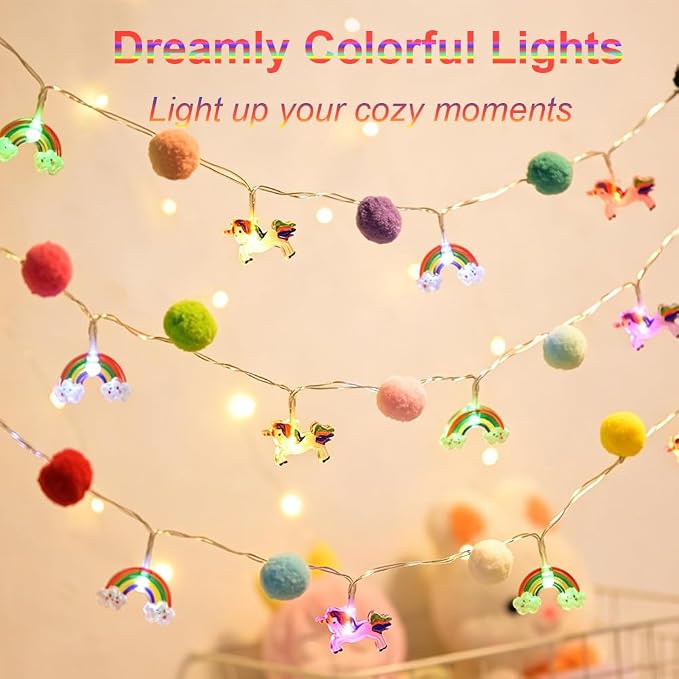 9.85 Ft Pom Pom Unicorn Rainbow String Lights, Colorful 20 LED Battery Operated Fairy Lights with Timer & 8 Flash Modes, Cute Kids Bedroom Decor Lights, Kawaii Unicorn Gifts for Toddler Teen Girls