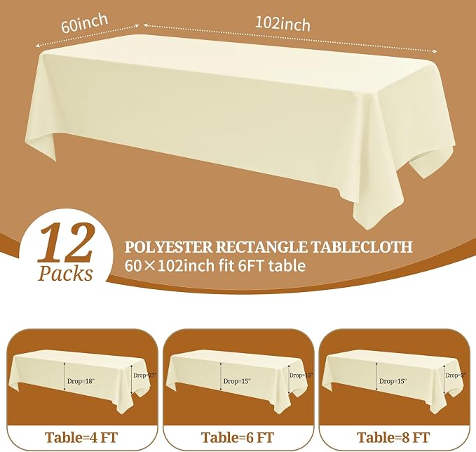 Pesonlook 12 Pack 60 x 102 Inch Tablecloth, Beige Rectangle Tablecloth for 6 Ft Rectangle Tables,Washable Fabric Table Cover for Wedding/Buffet Party/Dining Table/Events(60 x 102 Inch,Beige)