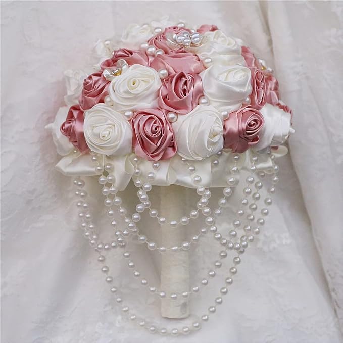 Pink Wedding Bouquet with Brooch Pearl String Cascade Bouquet for Bride Bridesmaid Quinceanera Artificial Satin Rose Flower Bridal Bouquet Wedding Blush Pink and Ivory 6.3in