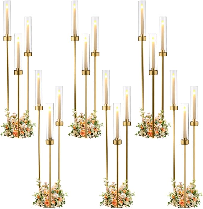 Vincidern 6pcs Candelabra 3 Arm, Wedding Centerpieces for Tables, 33.8'' Tall Candle Holder Gold Table Centerpieces for Wedding, Party, Event, with Acrylic Lampshade, Fit LED Taper Candles