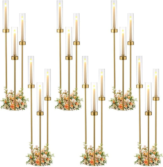 Vincidern 6pcs Candelabra 3 Arm, Wedding Centerpieces for Tables, 33.8'' Tall Candle Holder Gold Table Centerpieces for Wedding, Party, Event, with Acrylic Lampshade, Fit LED Taper Candles