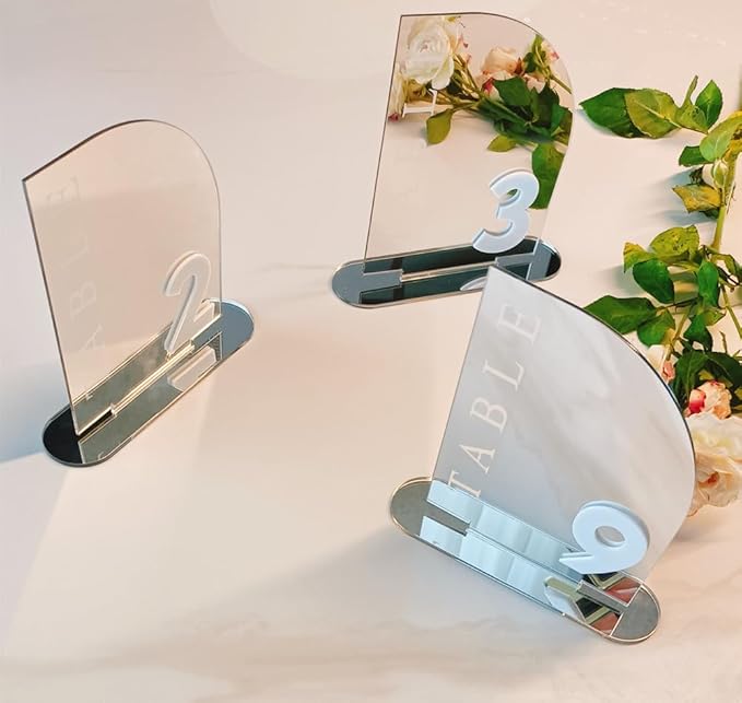 Acrylic Wedding Table Numbers,Semi-Arched Mirrored Acrylic Table Numbers for Party,Events,Occasion Decoration (Number 1-20, Silver Mirror)