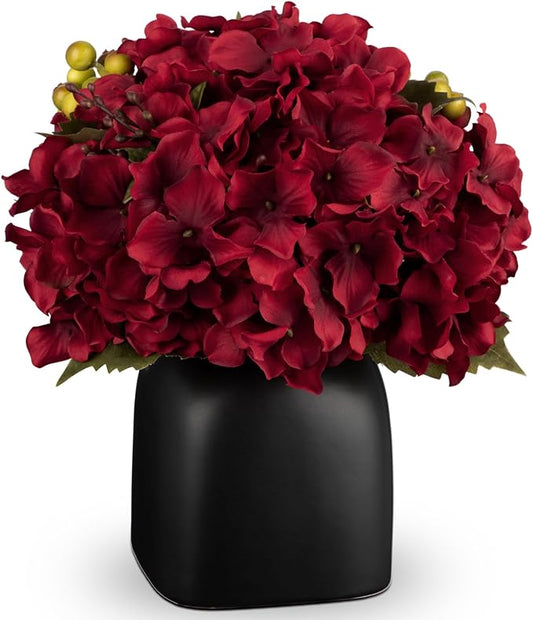 Briful Hydrangea Artificial Flowers in Ceramic Black Vase, Burgundy Silk Hydrangea Centerpieces for Tables, Realistic Dining Table Vase with Flowers for Farmhouse Home Decor Indoor