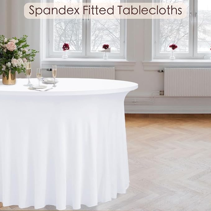 8 Pack White Round Spandex Tablecloths for 60 inch Table, 120 Inch Spandex Fitted Tablecloths, Wrinkle Free Washable Polyester Tablecloth for Wedding, Party, Birthday, Home Decoration