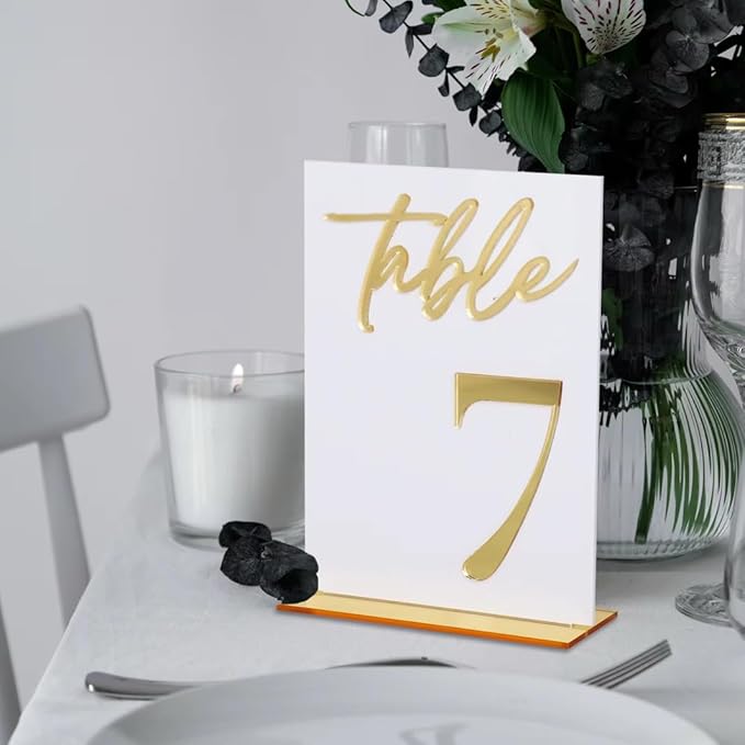 Wedding Table Numbers 1-15, White Acrylic with Gold Text, Freestanding with Base