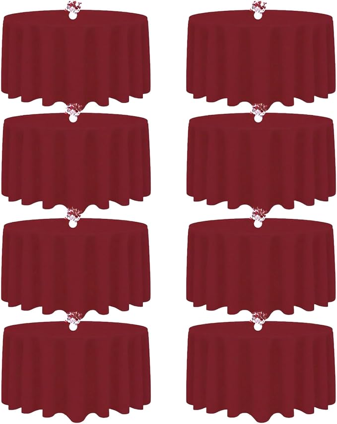 8 Packs 120 Inch Burgundy Round Tablecloth in Diameter, Washable Polyester Fabric Tablecloths, Wrinkle Resistant Table Cloth for Wedding Party Banquet Dining