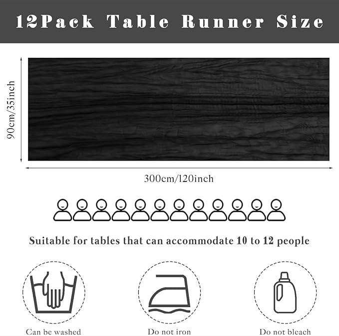 Black 6 Pcs Cheesecloth Table Runner 10FT Gauze Fabric Boho Cheese Cloth Table Runner Decoration Rustic Semi Sheer Runner for Wedding Birthday Baby Bridal Shower Party Table (35 x 120 Inches Long)